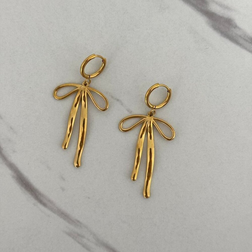 SKU:0048 Earrings with gold rings pendants gold bows made of‎ stainless steel